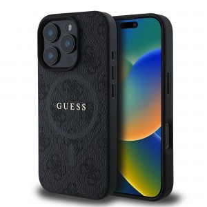 Guess PU Leather 4G Színes Gyűrű MagSafe Tok iPhone 16 Pro-hoz Fekete