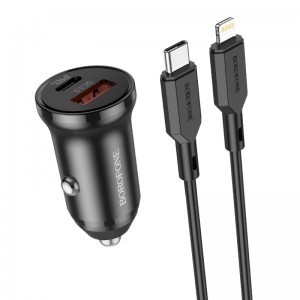 Borofone autós töltő BZ18A - USB + Type C - PD 20W QC 3.0 18W Type C to Lightning kábel fekete