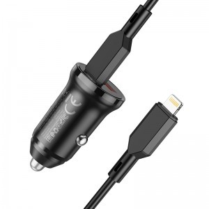 Borofone autós töltő BZ18A - USB + Type C - PD 20W QC 3.0 18W Type C to Lightning kábel fekete