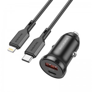 Borofone autós töltő BZ18A - USB + Type C - PD 20W QC 3.0 18W Type C to Lightning kábel fekete