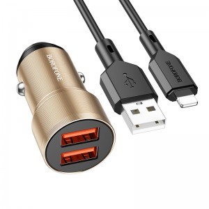 Borofone BZ19 Wisdom autós töltő - 2xUSB - 12W USB-Lightning kábellel arany