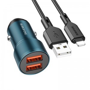 Borofone autós töltő BZ19 Wisdom - 2xUSB - 12W USB-Lightning kábellel kék