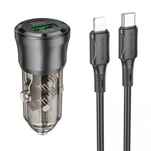 Borofone Autós töltő BZ25 Journey - USB + Type C - PD 38W 3A Type C-ről Lightning-re kábellel fekete