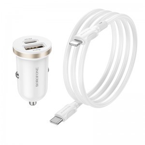 Borofone autós töltő BZ22 Scenery - USB + Type C - QC 3.0 PD 30W Type C - Lightning kábellel fehér