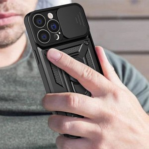 Hybrid Armor Camshield tok iPhone 14 Plus készülékhez, kamerafedeles páncélozott tok fekete