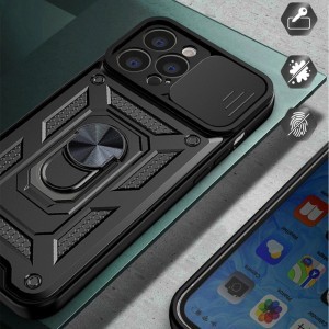 Hybrid Armor Camshield tok iPhone 14 Plus készülékhez, kamerafedeles páncélozott tok fekete