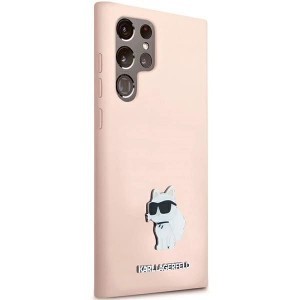 Karl Lagerfeld Silicone Choupette Metal Pin tok Samsung Galaxy S23 Ultra - rózsaszín