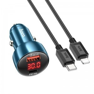 HOCO autós töltő USB A + Type C digitális kijelzővel + kábel Type C - Type C PD QC3.0 3A 48W Z50 kék