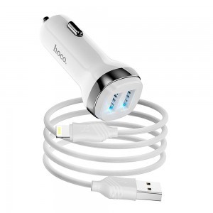 HOCO autós töltő 2 x USB A + kábel USB A - Lightning 2,4A Z40 fehér