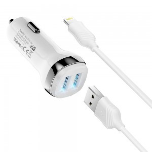 HOCO autós töltő 2 x USB A + kábel USB A - Lightning 2,4A Z40 fehér