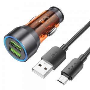 HOCO autós töltő 2 x USB A + USB A - Micro USB kábel QC3.0 3A 36W NZ12 átlátszó narancs