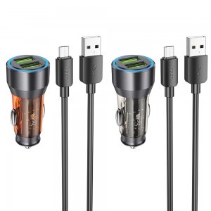 HOCO autós töltő 2 x USB A + USB A - Micro USB kábel QC3.0 3A 36W NZ12 átlátszó narancs