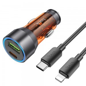 HOCO autós töltő USB A + Type C + Type C-Lightning kábel PD QC3.0 3A 43W NZ12A átlátszó narancs