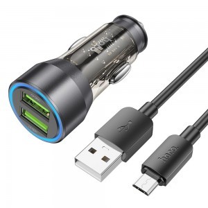 HOCO autós töltő 2 x USB-A + kábel USB-A - Micro USB QC3.0 3A 36W NZ12 átlátszó fekete