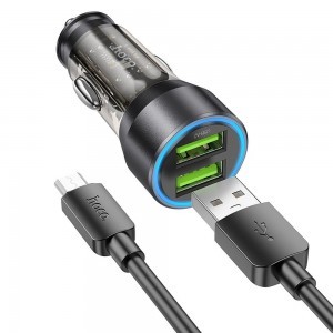 HOCO autós töltő 2 x USB-A + kábel USB-A - Micro USB QC3.0 3A 36W NZ12 átlátszó fekete