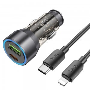 HOCO autós töltő USB A + Type C + Type C - Lightning kábel PD QC3.0 3A 43W NZ12A átlátszó fekete