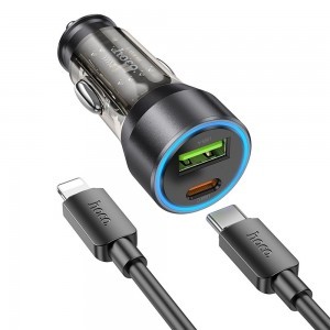 HOCO autós töltő USB A + Type C + Type C - Lightning kábel PD QC3.0 3A 43W NZ12A átlátszó fekete