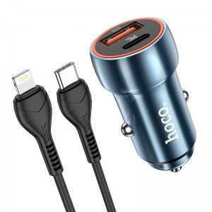 HOCO autós töltő USB A + Type C + Type C - Lightning kábel PD QC3.0 3A 20W Z46A zafírkék