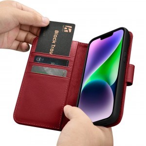 iCarer Wallet tok 2in1 iPhone 14 Plus Anti-RFID bőr fliptok Piros (WMI14220727-RD)