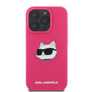 Eredeti Karl Lagerfeld kemény tok szilikon Choupette fej mintával MagSafe KLHMP16LSCHPPLF iPhone 16 Pro-hoz, fukszia tok