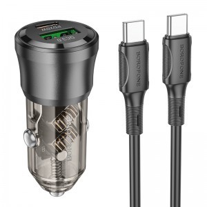 Borofone autós töltő BZ25 Journey - USB + Type C - PD 38W 3A Type C to Type C kábel fekete