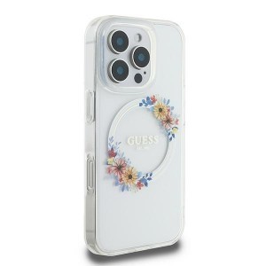 Eredeti GUESS IML Flowers Wreath Magsafe GUHMP16LHFWFCT tok iPhone 16 Pro-hoz átlátszó