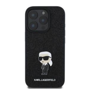 Karl Lagerfeld rögzített csillogó fém Ikonik tok iPhone 16 Pro fekete tok