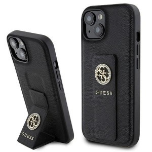 Guess Grip Stand 4G Saffiano Strass tok iPhone 15 - fekete