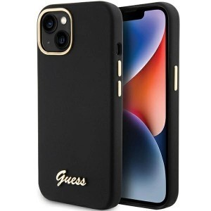 Guess szilikon Script Metal Logo & Frame tok iPhone 15 - fekete