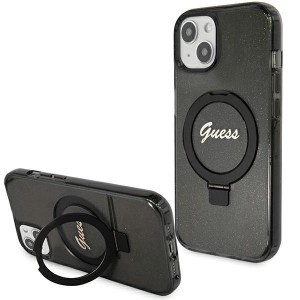 Guess Gyűrű Állvány Script Glitter MagSafe tok iPhone 15 Plus / 14 Plus - Fekete