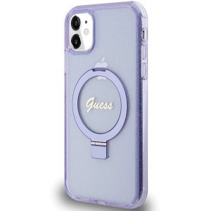 Guess Ring Állvány Script Glitter MagSafe tok iPhone 11 / Xr - lila