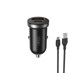 XO autós töltő CC56 PD 30W QC 1x USB 1x USB-C fekete + USB - microUSB kábel