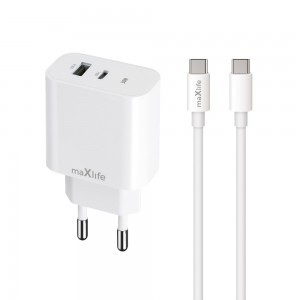 Maxlife MXTC-06-30AC PD QC töltő 1x USB-C 1x USB 30W fehér + USB-C - USB-C kábel 60W