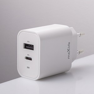 Maxlife MXTC-06-30AC PD QC töltő 1x USB-C 1x USB 30W fehér + USB-C - USB-C kábel 60W