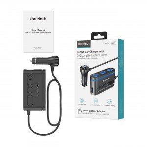 Choetech TC0021 autós töltő 2x USB-C PD 1x USB-A QC 3x szivargyújtó aljzat - fekete