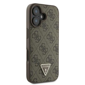 Eredeti GUESS bőrtok fém logóval és strasszokkal, keresztpántos GUHCP16SP4TDSCPW iPhone 16-hoz, barna