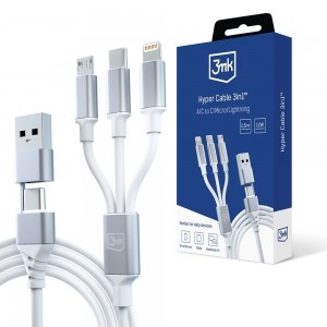 3mk Hyper Kábel 3 az 1-ben USB-A - USB-C / USB-C - micro USB - Lightning 1.5m - fehér