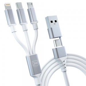 3mk Hyper Kábel 3 az 1-ben USB-A - USB-C / USB-C - micro USB - Lightning 1.5m - fehér