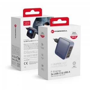 FORCELL F-ENERGY GaN VT-46 utazó töltő 3 x USB-C + USB A PD QC4.0 5A 100W szürke-1