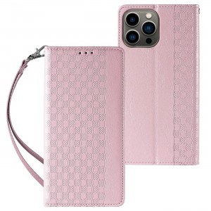 Magnet Strap Case tok iPhone 13 Pro Max-hoz Pénztárca + Mini Láncos Medál Rózsaszín