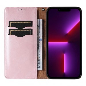 Magnet Strap Case tok iPhone 13 Pro Max-hoz Pénztárca + Mini Láncos Medál Rózsaszín