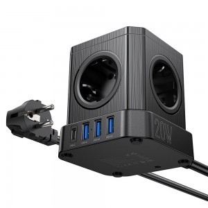 HOCO multifunkcionális elosztó 5 aljzat + 3 x USB A + Type C EU szabványok 4000W PD QC 3A NS8 2 m fekete-2