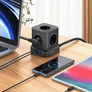 HOCO multifunkcionális elosztó 5 aljzat + 3 x USB A + Type C EU szabványok 4000W PD QC 3A NS8 2 m fekete-6