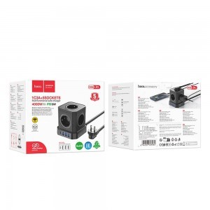 HOCO multifunkcionális elosztó 5 aljzat + 3 x USB A + Type C EU szabványok 4000W PD QC 3A NS8 2 m fekete-8