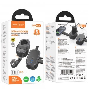 HOCO multifunkcionális elosztó 1 aljzat + 2 x USB A + Type C EU szabványok 4000W 3,1A NS6 1,1 m fekete-4