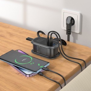 HOCO multifunkcionális elosztó 1 aljzat + 2 x USB A + Type C EU szabványok 4000W PD QC 3A 20W NS7 1,1 m fekete-1