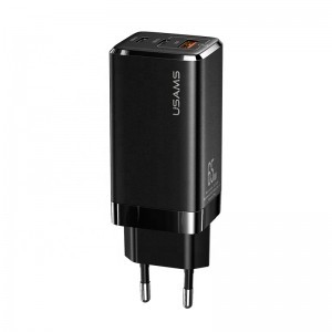  #Usams - Fali Töltő T33 (US-CC110) - GaN Mini, 2xUSB-C, USB, PD, Gyors Töltés, 65W, 5A - Fekete