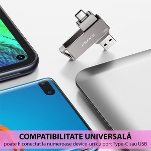  Usams - Memóriakártya (US-ZB202) - Forgatható Type-C, USB 3.0 Nagy Sebességű Pendrive 256GB - Vas Szürke-2