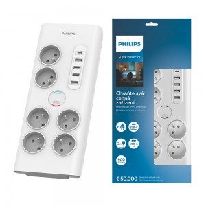 Túlfeszültségvédős hálózati elosztó PHILIPS hosszabbító kábel 6 aljzattal + 6xUSB-A + 1xUSB-C 2m 16A fehér-1