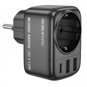 Borofone fali töltő BAC14 Wide - 2xUSB + Type C + aljzat - 12W fekete